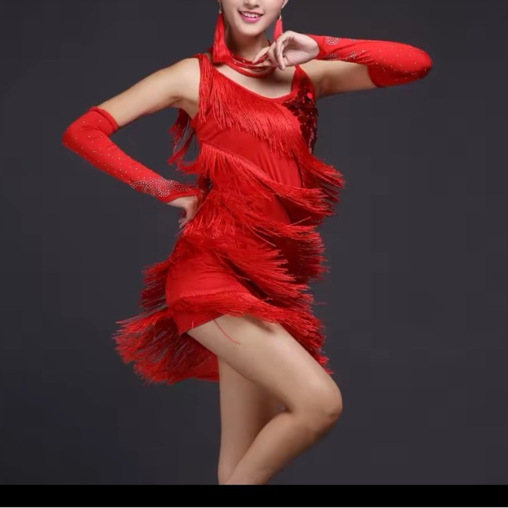 Red Fringe Dance Dress with Gloves